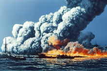 Attack At Pearl Harbour, Naval Warfare, Military, Digital Illustration, Concept Art, Generative AI