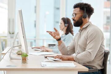 Wall Mural - Black man, customer support service office and working for online call center internet telemarketing business. Crm consultant at desk, helping client and consulting computer software for advice