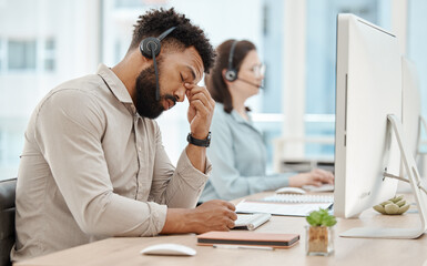 Aufkleber - Stress, headache and call center businessman on computer for customer service or consulting. Support agent, black man and telemarketing virtual advisor tired, frustrated or burnout at work office.