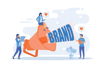 Wall Mural - Marketers with megaphone conducting brand awareness campaign. Brand awareness, product research result, marketing survey metrics concept, flat vector modern illustration