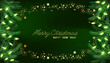 Merry Christmas and Happy New Year written by many stars with pine leaves and string lights on green background