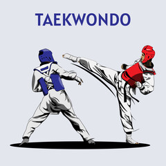  Two Boys Fighting in Taekwondo Competition Illustration Vector.