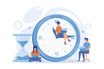 Wall Mural - busy business people with laptops hurry up to complete tasks at huge clock and hourglass. deadline, 