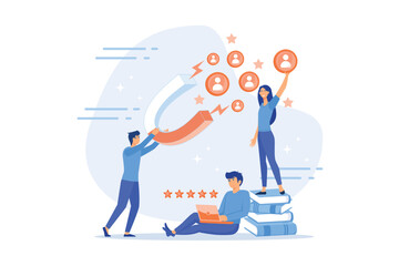 Customer feedbacks analyzing, likes farming. Lead generation. Satisfaction and loyalty analysis, customer retention increasing, marketing tools concept, flat vector modern illustration