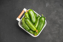 Top View Fresh Green Cucumbers Inside Basket On Dark Background Salad Meal Food Health Color Photo