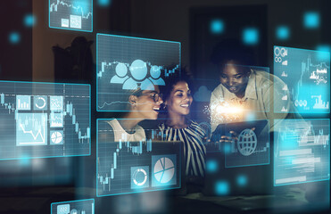 Fototapete - Stock market, overlay and trading team on finance, blockchain and forex digital website working on a strategy. Fintech, smile and happy traders studying global financial chart data analysis at night