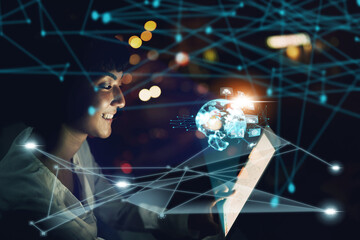 woman on digital tablet, futuristic network overlay and iot cloud data communication hologram with b