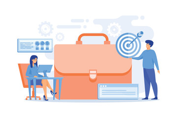 Wall Mural - businessman at target and arrow and woman analysing data and laptop. business strategy, business goa