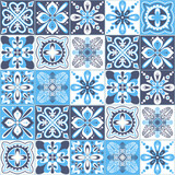 Fototapeta Kuchnia - Azulejo talavera blue white ceramic tile pattern, vector illustration for design