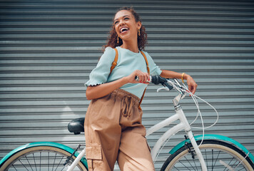 summer, smile and girl with bicycle in city to explore, journey and outdoor adventure. fashion, beau
