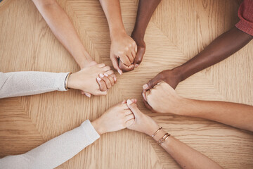 Holding hands, faith and prayer support group of people or friends with hope, religion and trust or respect. Together, helping and love community with commitment, solidarity and teamwork from above