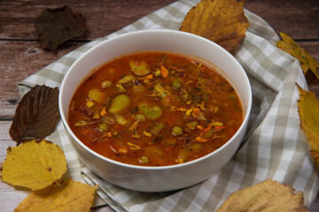 Automn Soup with beans and pea in white bowl, High quality photo