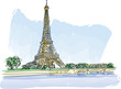 Paris Eiffel Tower and famous river Seine in Paris, France. Vector illustration for travel magazine, social media, poster, calendar