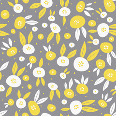 Vector seamless pattern with yellow, white abstract flowers on grey background. Floral seamless pattern in scandinavian style. Natural fabric design in hand-drawn style. 