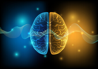 Illustration of human brain and brain waves on technology background.