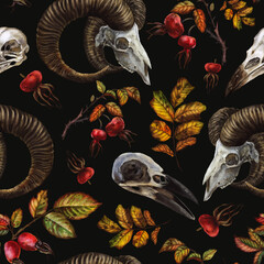 Dark witchy watercolor seamless pattern with ram skulls, raven, rose hips and black background