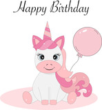 Fototapeta Kwiaty - Unicorn baby with a balloon. Happy birthday text.