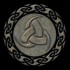 Triple Horn of Odin, Norse mythology, viking symbol, celtic knot, illustration, metal effect,  isolated, black background	