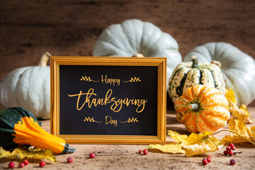 Wall Mural - autumn pumpkin decoration, text happy thanksgiving, golden frame