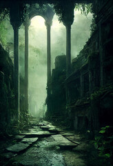 Wall Mural - abandoned ruin building in forest 3d illustration