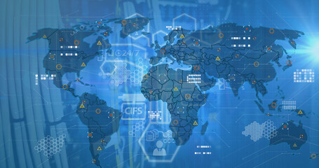 Image of digital interface and data processing over world map on blue background