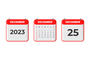 December 2023 calendar design. 25th December 2023 calendar icon for schedule, appointment, important date concept