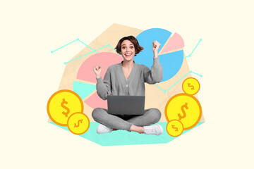 Creative retro 3d magazine image of lucky lady winning usd modern deivice isolated painting background