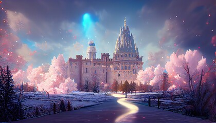 Canvas Print - Magic portal with fairytale castle in blue glow and heavy gray clouds 3d illustration