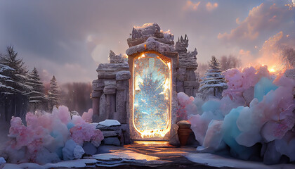 Wall Mural - Magical portal on winter landscape, fairy tale background with ice crystal door, mirror or gate with fantasy castle, snowy landscape with glowing entrance on rock under cloudy gray sky 3d illustration