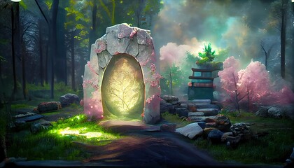 Canvas Print - Magical portal in the forest on top of a stone, mysterious landscape background with luminous gates, entrance with green plasma and foggy swirls and dark tree trunks 3d illustration