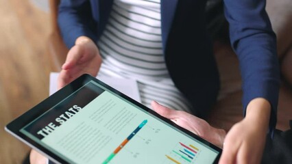 Leinwandbilder - Business people hands, tablet stats and research infographic for meeting ideas, kpi analytics and marketing big data. Closeup chart, digital app screen and online planning for internet web analysis