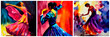 Flamenco dancers. Incendiary dance in colorful dresses. Graceful movements of dancers. The folds of the dress in the movements of the dance. 