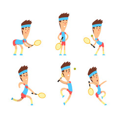 Poster - Man Playing Tennis with Ball and Racket Training and Practicing Vector Set