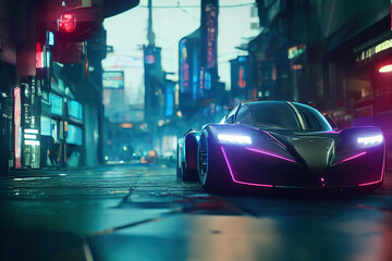 Poster - Sports cyberpunk futuristic car on a neon cyberpunk background.  Tuned Sport Car , cyberpunk Retro Sports Car On Neon Highway. 3d illustration