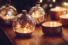 Background With Christmas Decoration Ornaments And Candles On Table