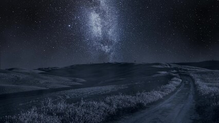 Wall Mural - Milky way over road and fields in Italy, timelapse