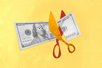 Poster - Collage photo of abstract image scissors cut dollars money bankruptcy inflation devaluation isolated on bright yellow color background