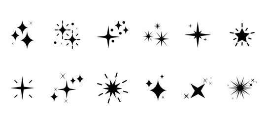 Wall Mural - Set of sparkles star icons.Star icon.Bright firework.Light icon set.Flash,shine sparkle icon,glare,blink star.Black star icons isolated on white background
