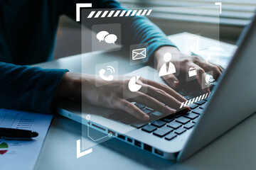 woman hand working on laptop computer with virtual social media icon diagram, file server, data management, business finance, internet data technology, digital marketing, social network concept