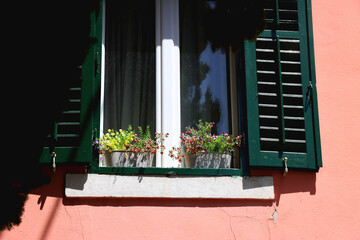 Traditional Mediterranean window with green shutters and bright pink wall. Picturesque architecture in Split, Croatia.