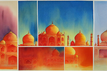 India skyline. Watercolor illustration. Indian landscape