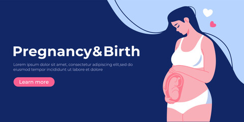 Wall Mural - Pregnant woman holds her belly. Happy pregnancy and motherhood banner, place for text. Fetus in the womb. Happy mother's day poster. Flat cartoon vector illustration. Maternity ultrasound, sonogram