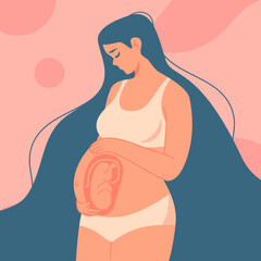 Wall Mural - Pregnant woman holds her belly. Happy pregnancy and motherhood banner. Fetus in the womb. Flat cartoon vector illustration. Maternity clinic logo concept. Ultrasound diagnostic, sonogram