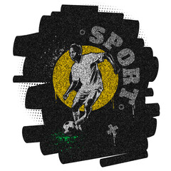 Wall Mural - Effect of drawing on asphalt. Creative artwork with image of professional soccer football player in action, motion over black colour of asphalt background with word sport.