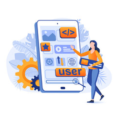 App development scene. Developer working on project, creates of mobile applications, mobile phone with layout, coding, programming concept. Illustration of people characters in flat design