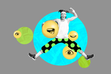 Sticker - Collage photo of young funny sportive guy jumping up showing biceps crazy coach hold absurd ball mouth trampoline isolated on gray color background