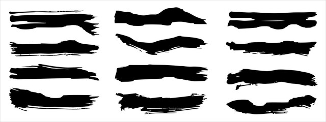 Wall Mural - Vector collection of artistic grungy black paint hand made creative brush stroke set isolated on banner background. A group of abstract grunge sketches for design education or graphic art decoration