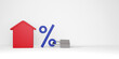 Red house model and percentage symbol icon with lock on white background. Concept for fixed interest rates for real estate, home loan, financial and mortgage rates. 3D rendering.