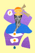 © deagreez - Collage photo of young attractive funny silent woman finger point mouth head caricature orange fruit vitamins isolated on yellow color background