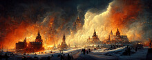 Chaotic Renaissance City On Fire With Dramatic Clouds, With Concept Art. Snow Landscape, Contrasting Color. Concept Art For Wall Art, Print And Poster